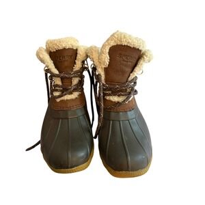 Sperry Saltwater Faux Fur Duck Boots Brown Olive Green STS87777 Womens 6.5
